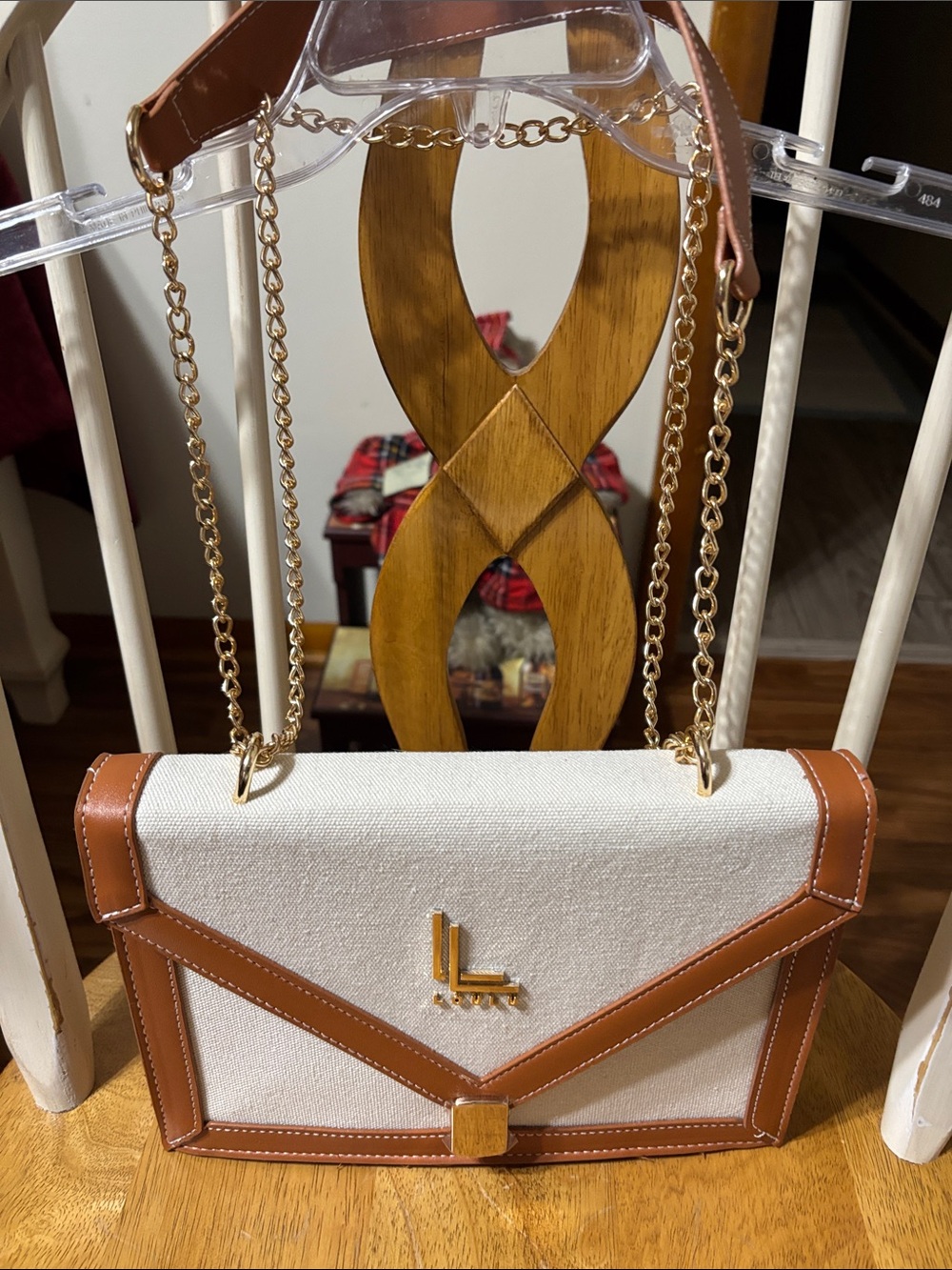 Loulu Canvas and Tan Leather Trim Crossbody Bag with Gold Chain — White/Tan